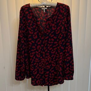 Joie Blue/Black & Red Cherry-Print V-Neck Blouse - Size Large 🍒